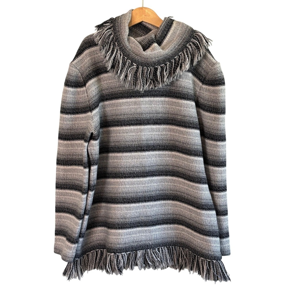 St John Sport Sweater Grey Womens P Fringe Cowl Neck Striped Knit Top
